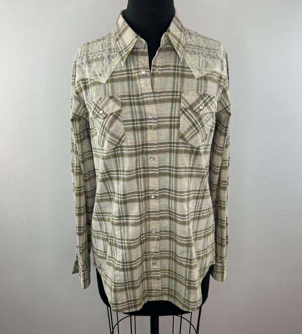 WRANGLER Beige Green Plaid Pearl Snap Lace Shoulder Long Sleeve Western Shirt M